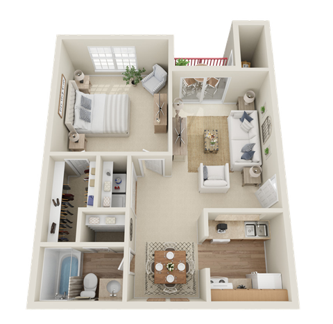 Village Square of Hot Springs 1 Bed/1 Bath 682 sq ft 3D Floor Plan